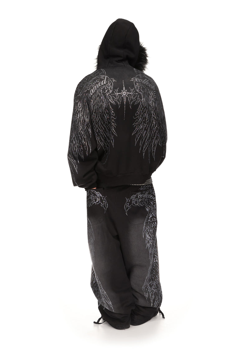 FALLEN FAUX FUR RHINESTONE ZIP HOODIE WASHED BLACK (DETACHABLE FUR)