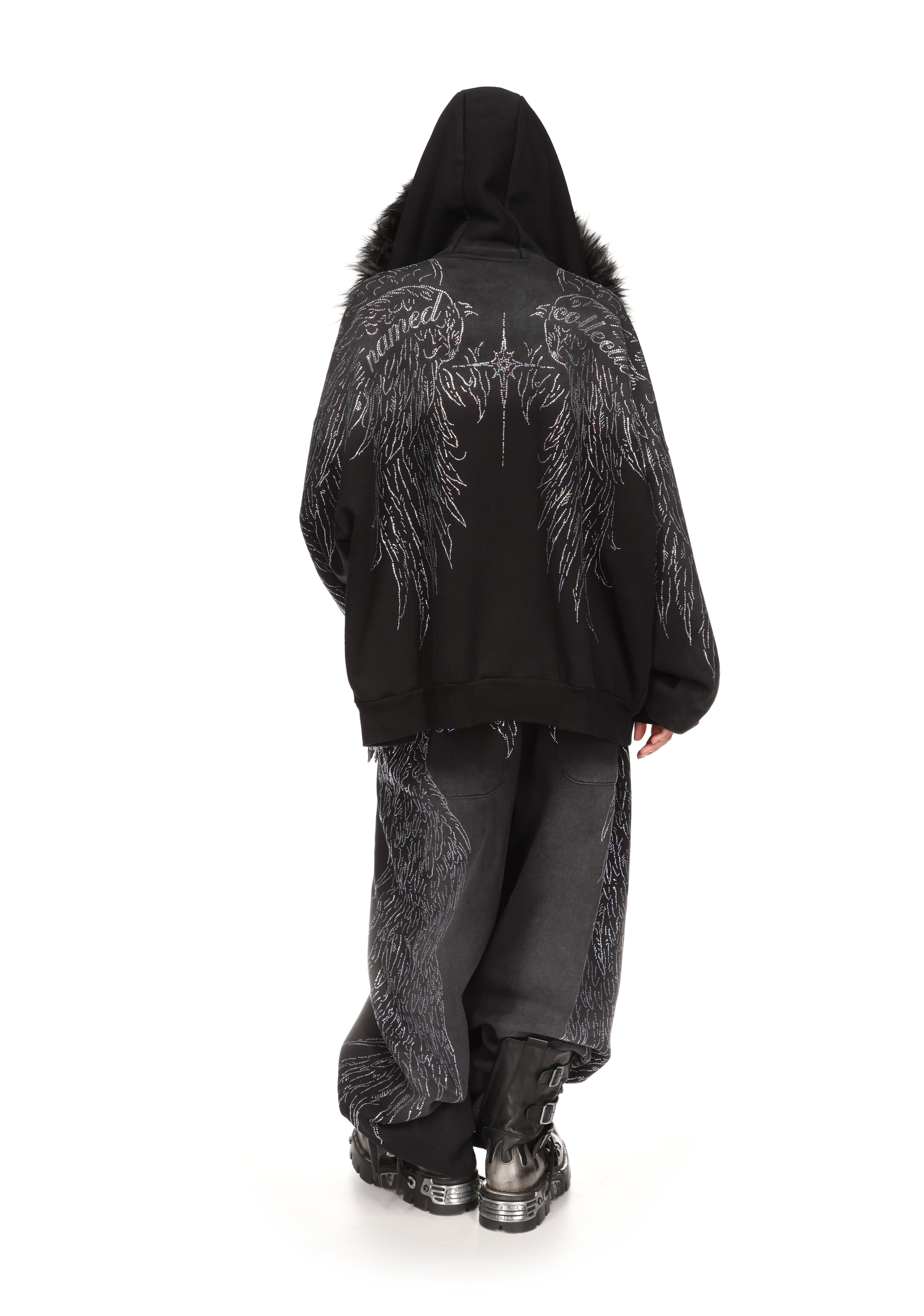 Fallen Faux Fur Rhinestone Zip Hoodie Washed Black Detachable Fur