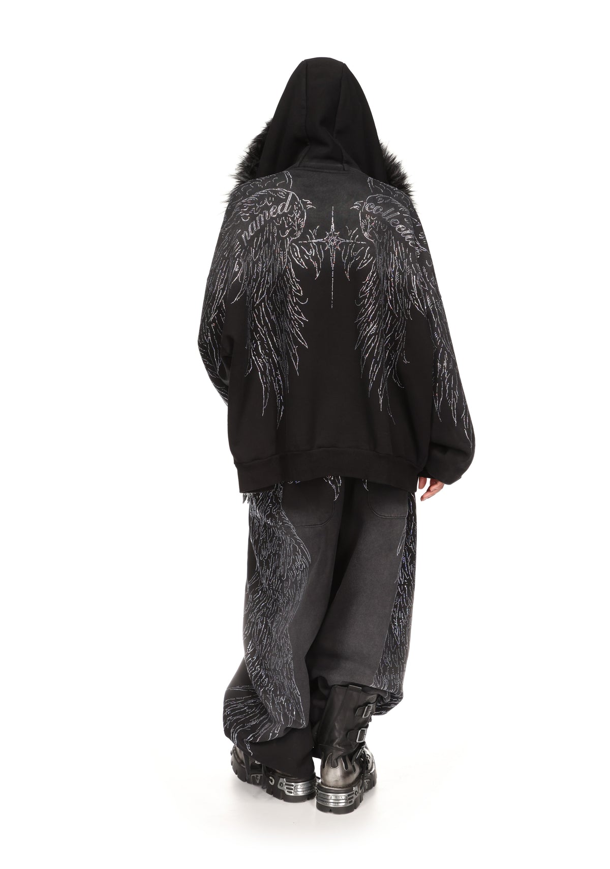FALLEN FAUX FUR RHINESTONE ZIP HOODIE WASHED BLACK (DETACHABLE FUR)