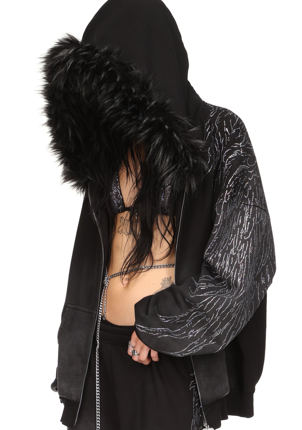 FALLEN FAUX FUR RHINESTONE ZIP HOODIE WASHED BLACK (DETACHABLE FUR)