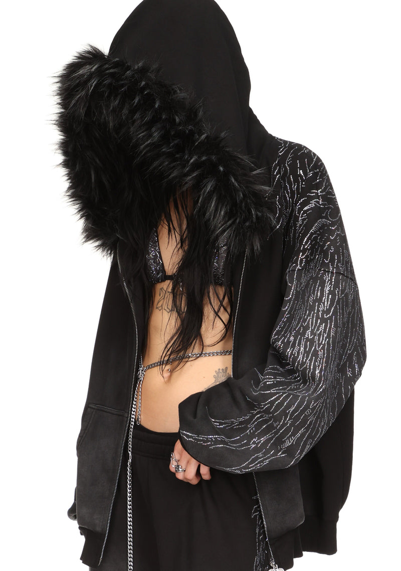 FALLEN FAUX FUR RHINESTONE ZIP HOODIE WASHED BLACK (DETACHABLE FUR)