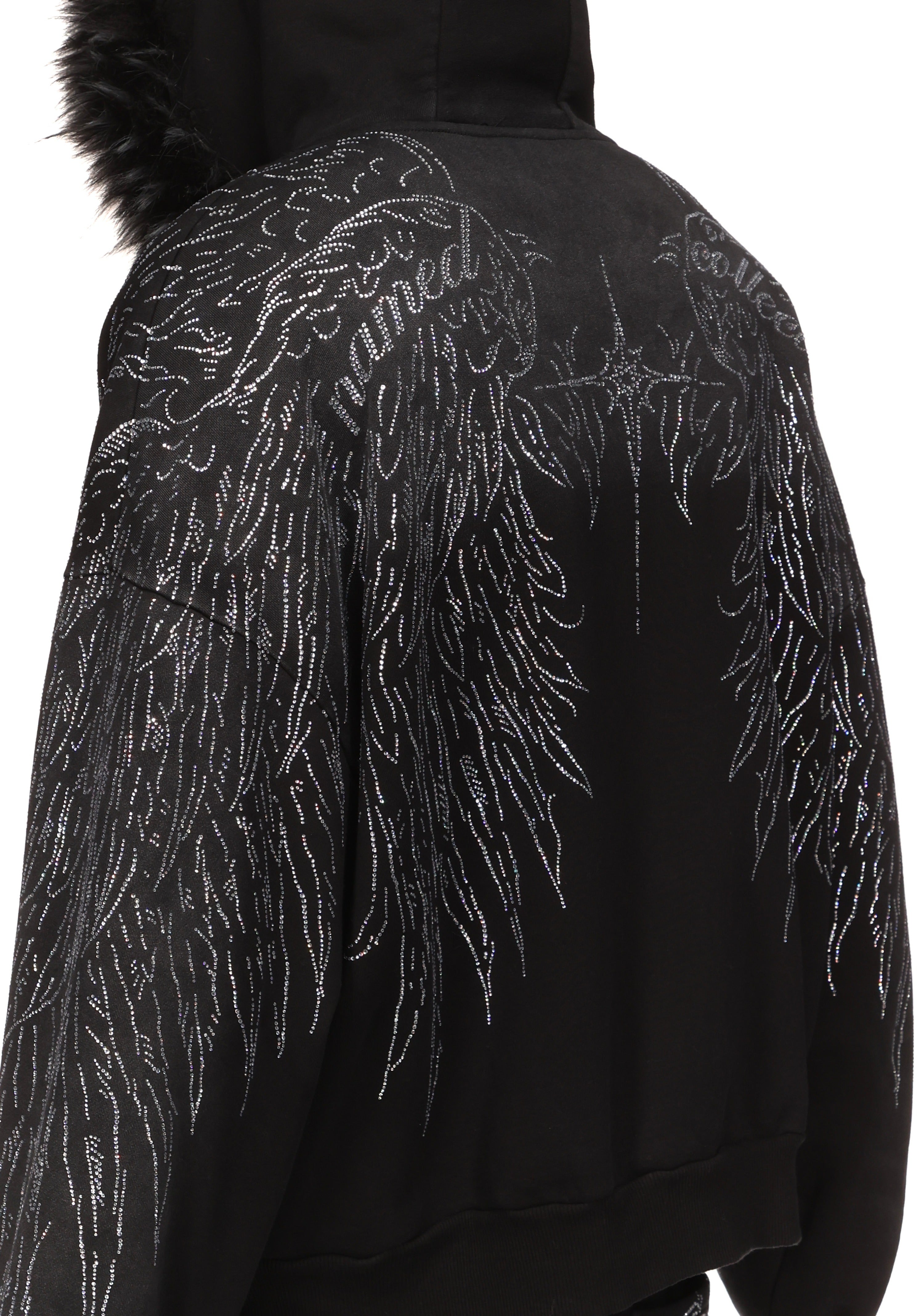 Fallen Faux Fur Rhinestone Zip Hoodie Washed Black Detachable Fur