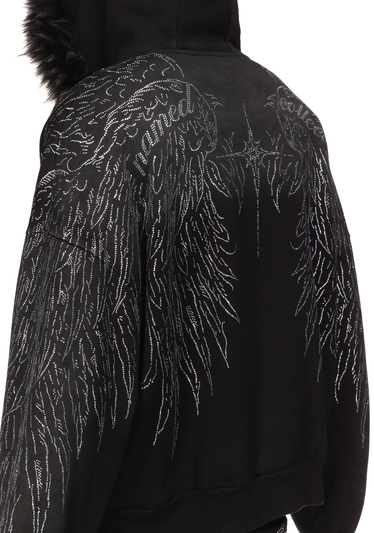 FALLEN FAUX FUR RHINESTONE ZIP HOODIE WASHED BLACK (DETACHABLE FUR)