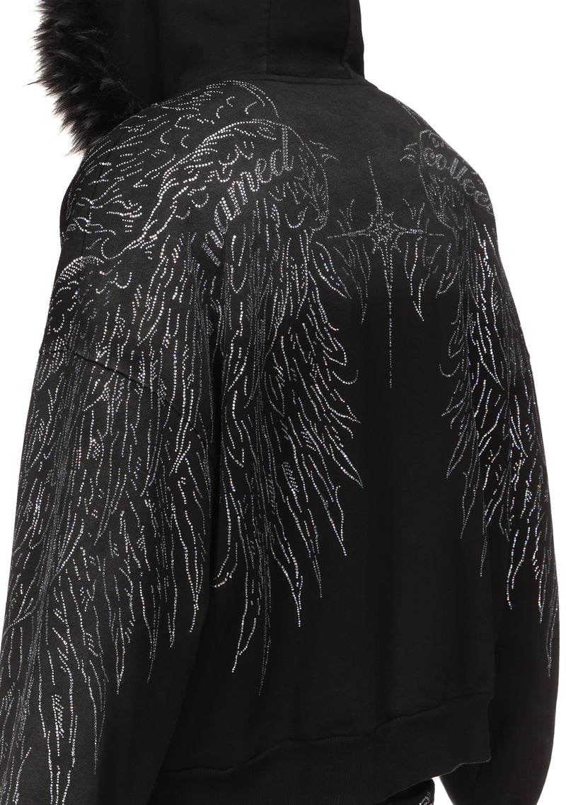 FALLEN FAUX FUR RHINESTONE ZIP HOODIE WASHED BLACK (DETACHABLE FUR)