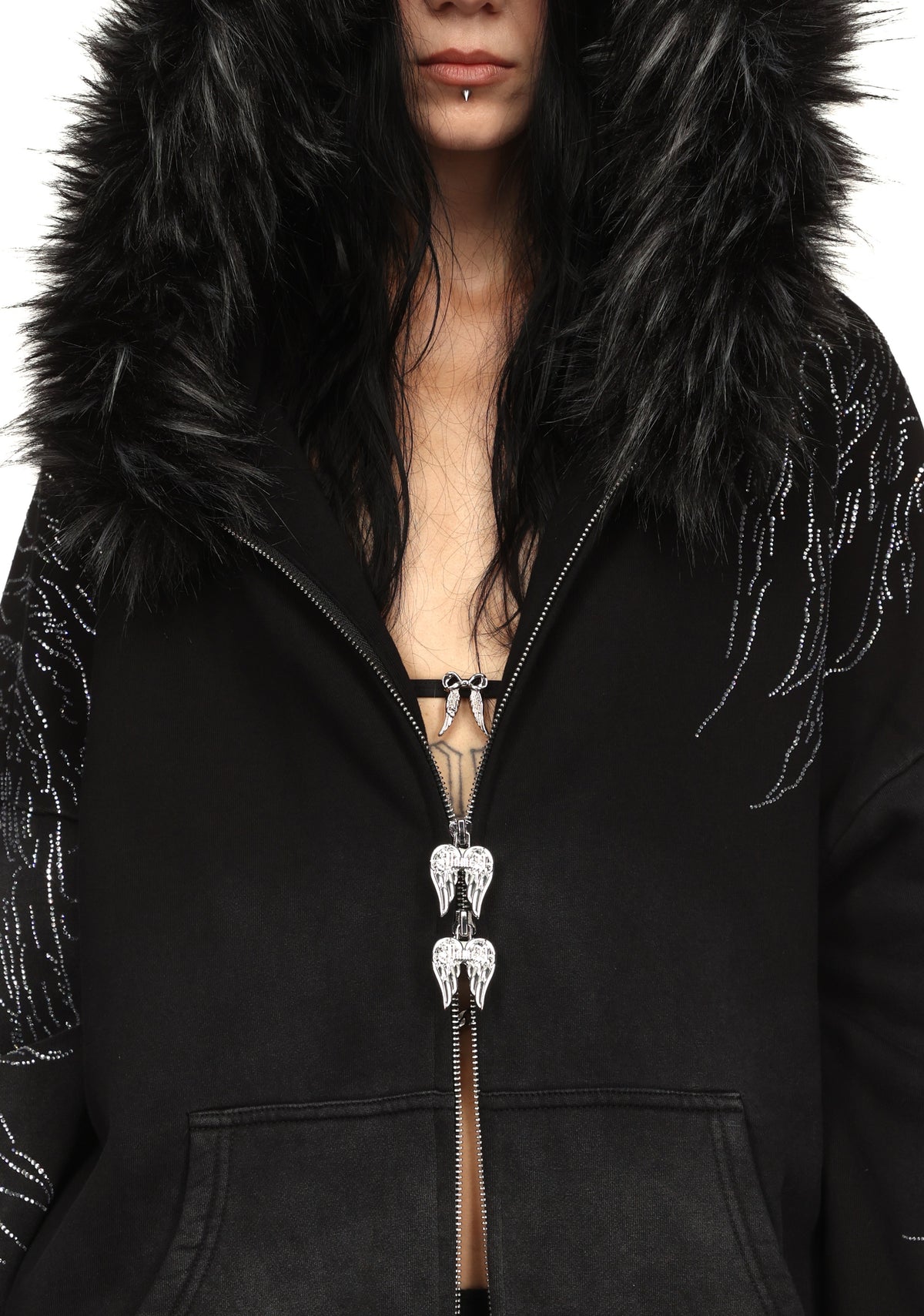 FALLEN FAUX FUR RHINESTONE ZIP HOODIE WASHED BLACK (DETACHABLE FUR)