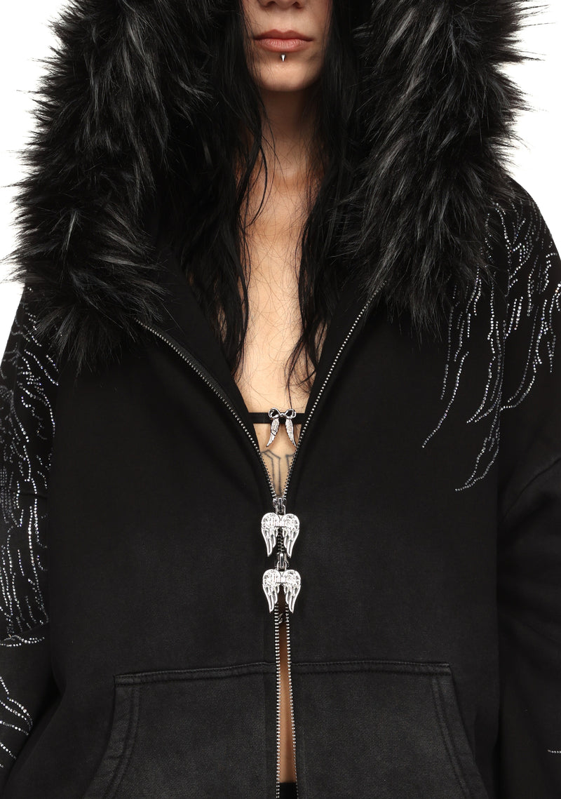 FALLEN FAUX FUR RHINESTONE ZIP HOODIE WASHED BLACK (DETACHABLE FUR)