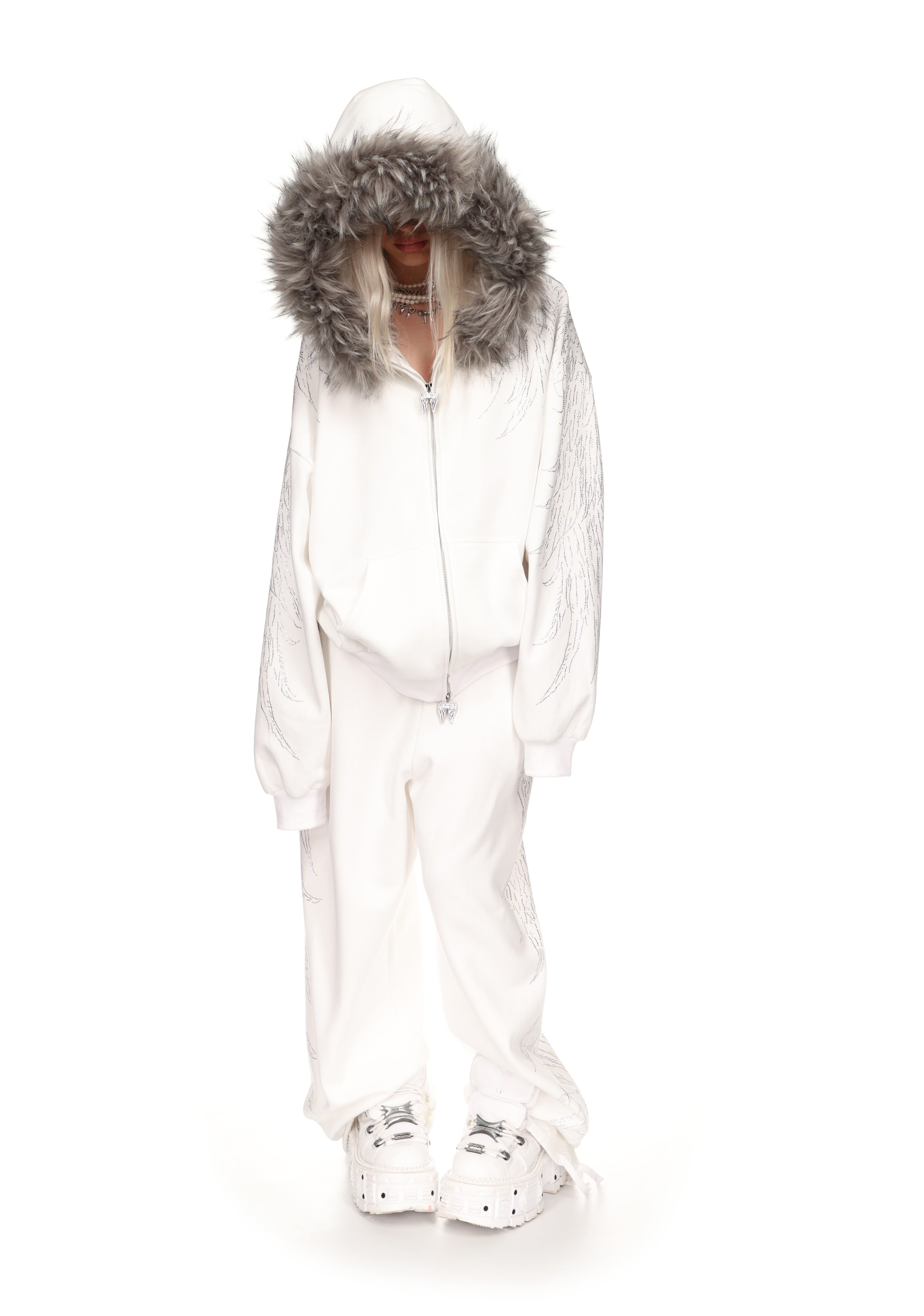 Fallen Faux Fur Rhinestone Zip Hoodie White – NAMED COLLECTIVE®