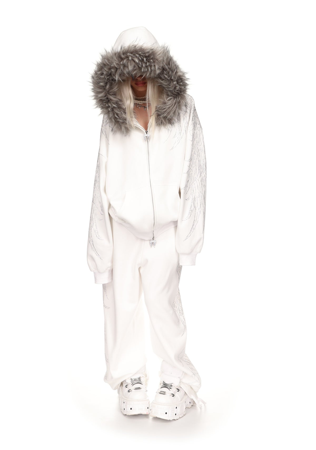 FALLEN FAUX FUR RHINESTONE ZIP HOODIE WHITE (DETACHABLE FUR)