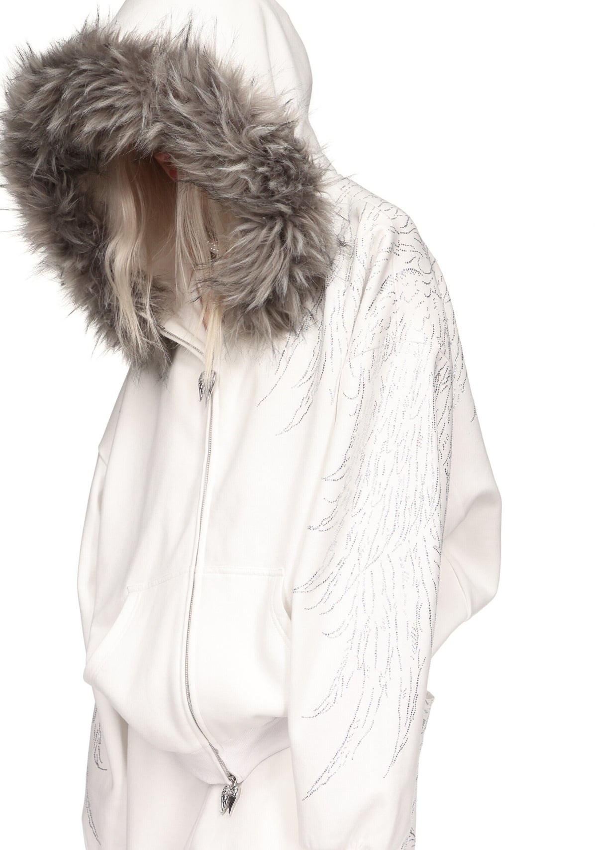 FALLEN FAUX FUR RHINESTONE ZIP HOODIE WHITE (DETACHABLE FUR)