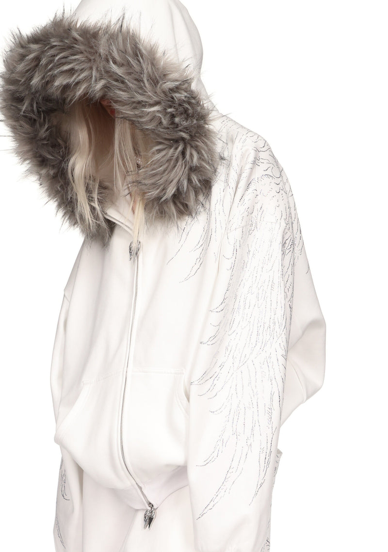 FALLEN FAUX FUR RHINESTONE ZIP HOODIE WHITE (DETACHABLE FUR)