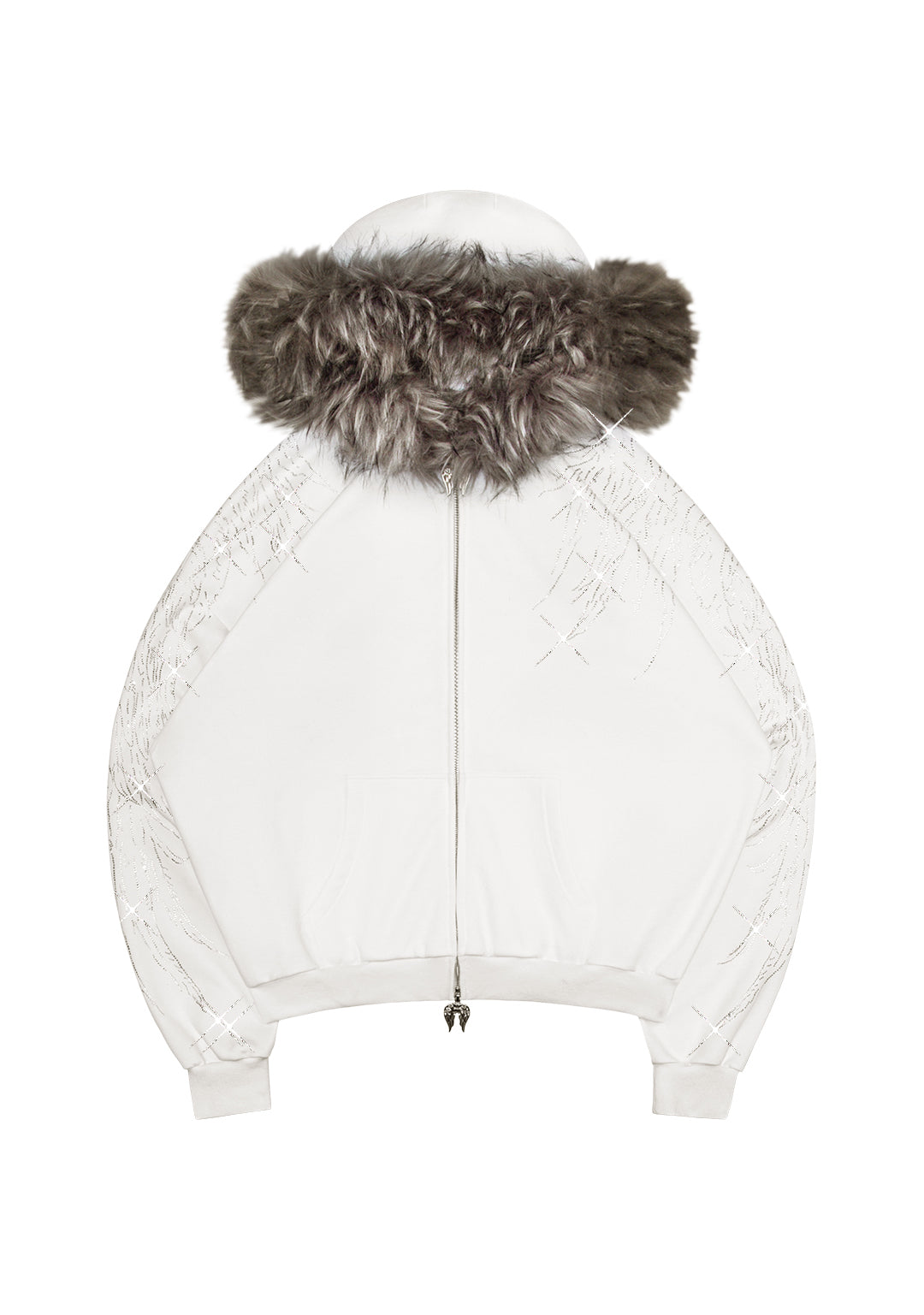 FALLEN FAUX FUR RHINESTONE ZIP HOODIE WHITE (DETACHABLE FUR)