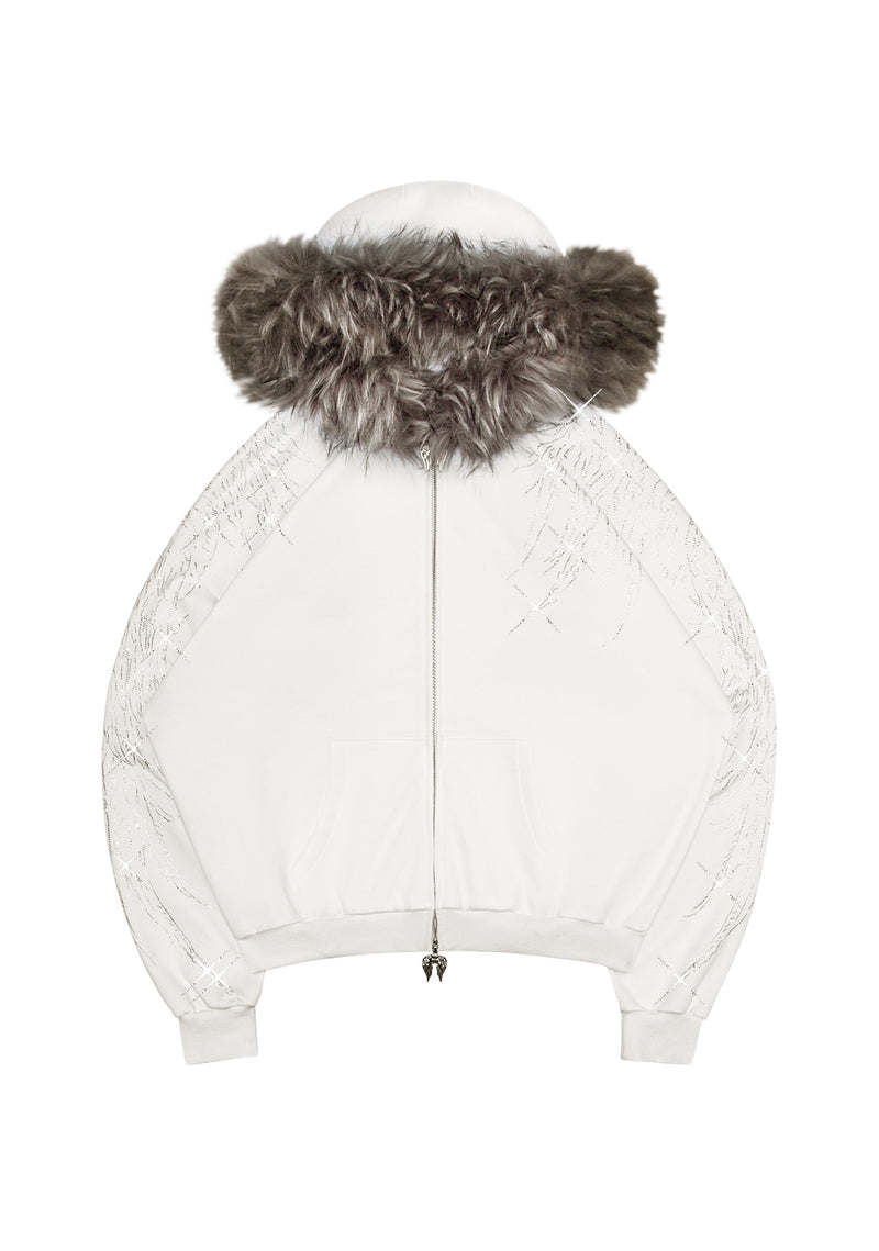 FALLEN FAUX FUR RHINESTONE ZIP HOODIE WHITE (DETACHABLE FUR)