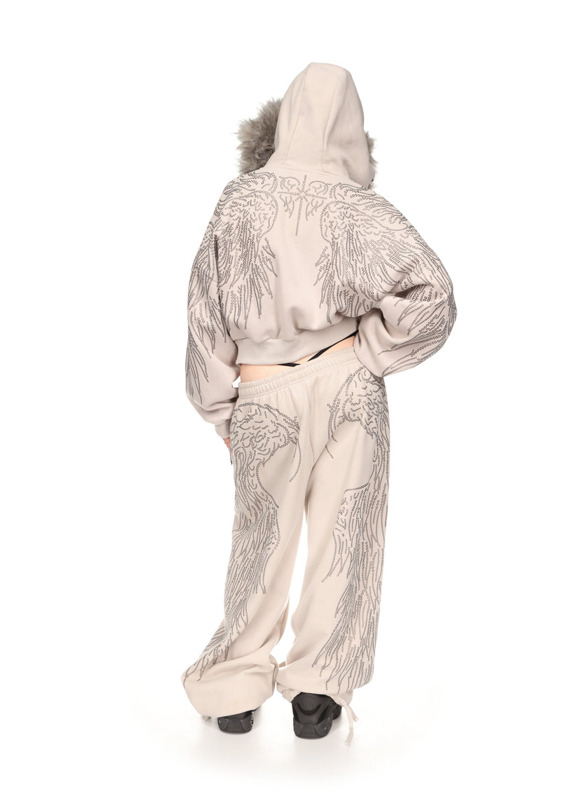 FALLEN FAUX FUR STUDDED CROP ZIP HOODIE BONE (DETACHABLE FUR)