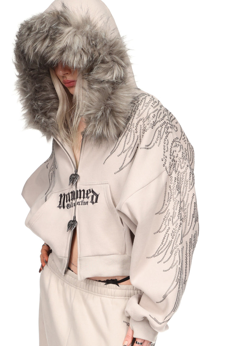 FALLEN FAUX FUR STUDDED CROP ZIP HOODIE BONE (DETACHABLE FUR)