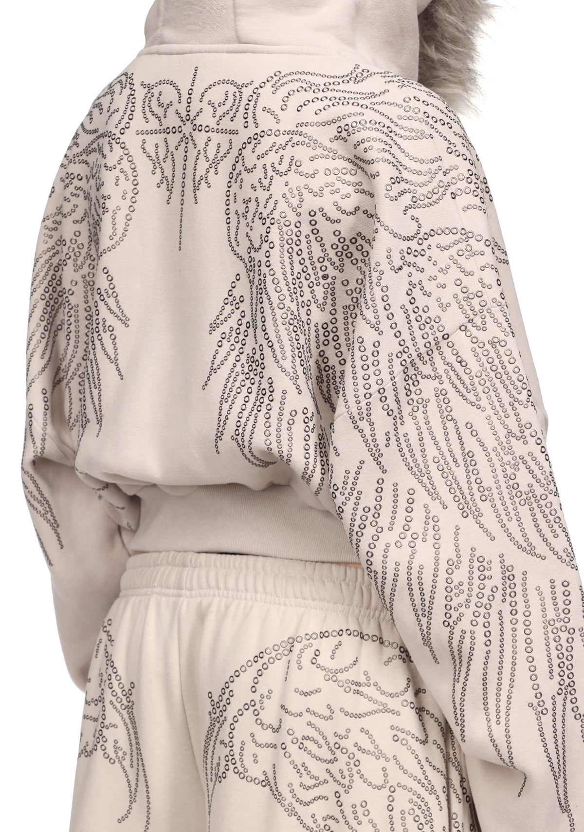FALLEN FAUX FUR STUDDED CROP ZIP HOODIE BONE (DETACHABLE FUR)
