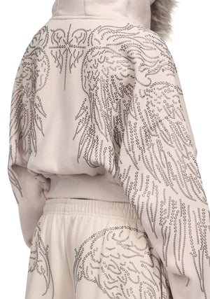 FALLEN FAUX FUR STUDDED CROP ZIP HOODIE BONE (DETACHABLE FUR)