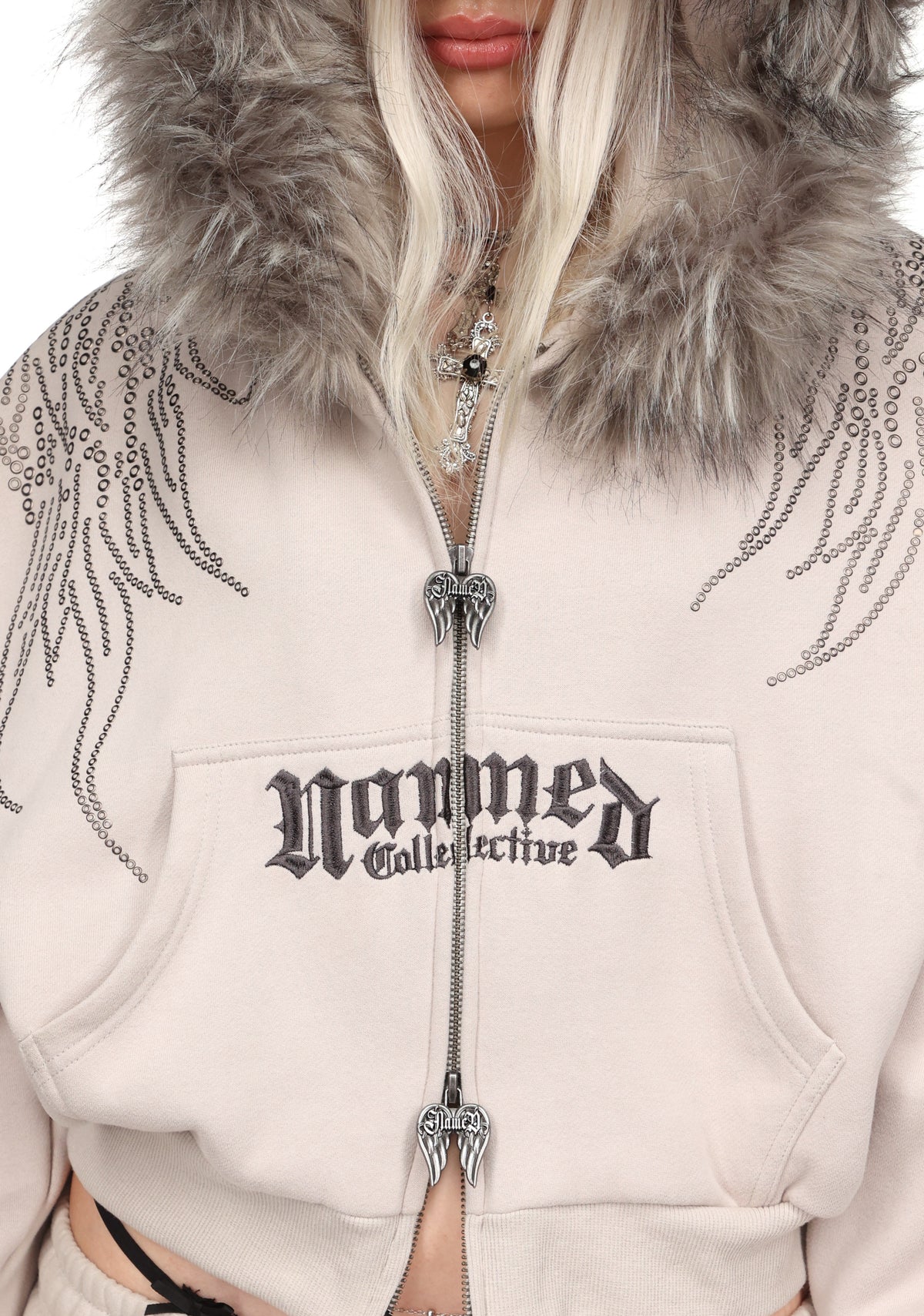FALLEN FAUX FUR STUDDED CROP ZIP HOODIE BONE (DETACHABLE FUR)
