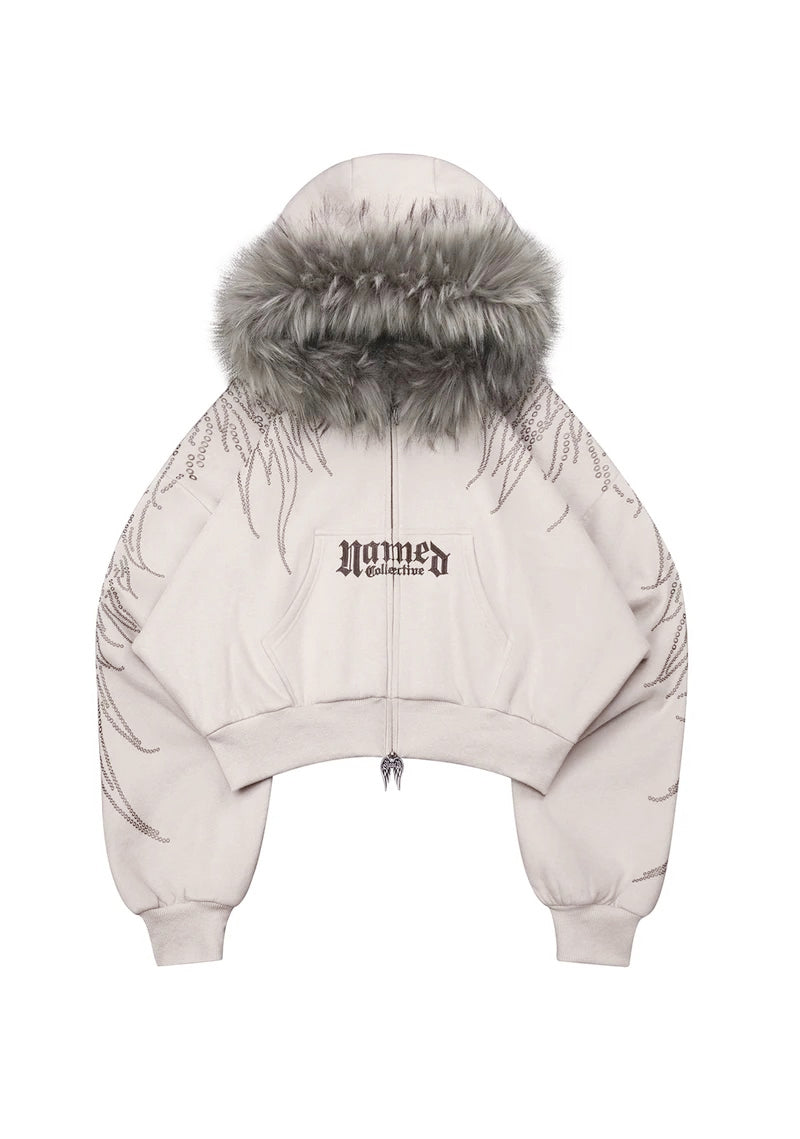 FALLEN FAUX FUR STUDDED CROP ZIP HOODIE BONE (DETACHABLE FUR)