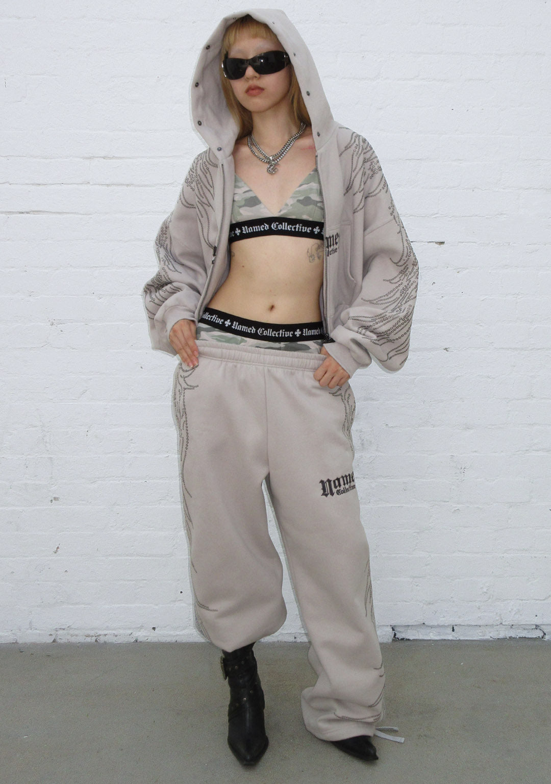 Fallen Faux Fur Studded Crop Zip Hoodie Bone Detachable Fur