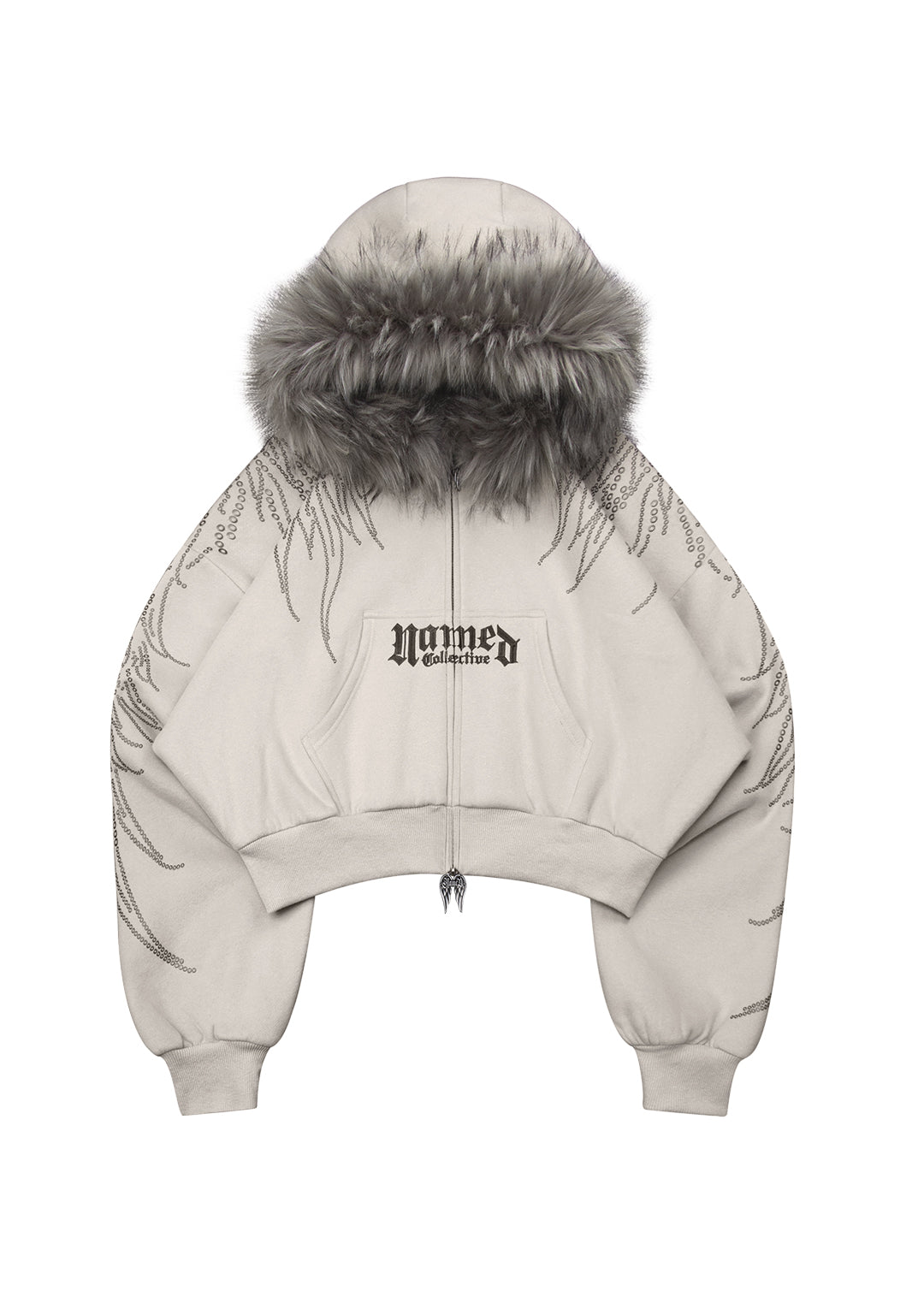 FALLEN FAUX FUR STUDDED CROP ZIP HOODIE BONE (DETACHABLE FUR)