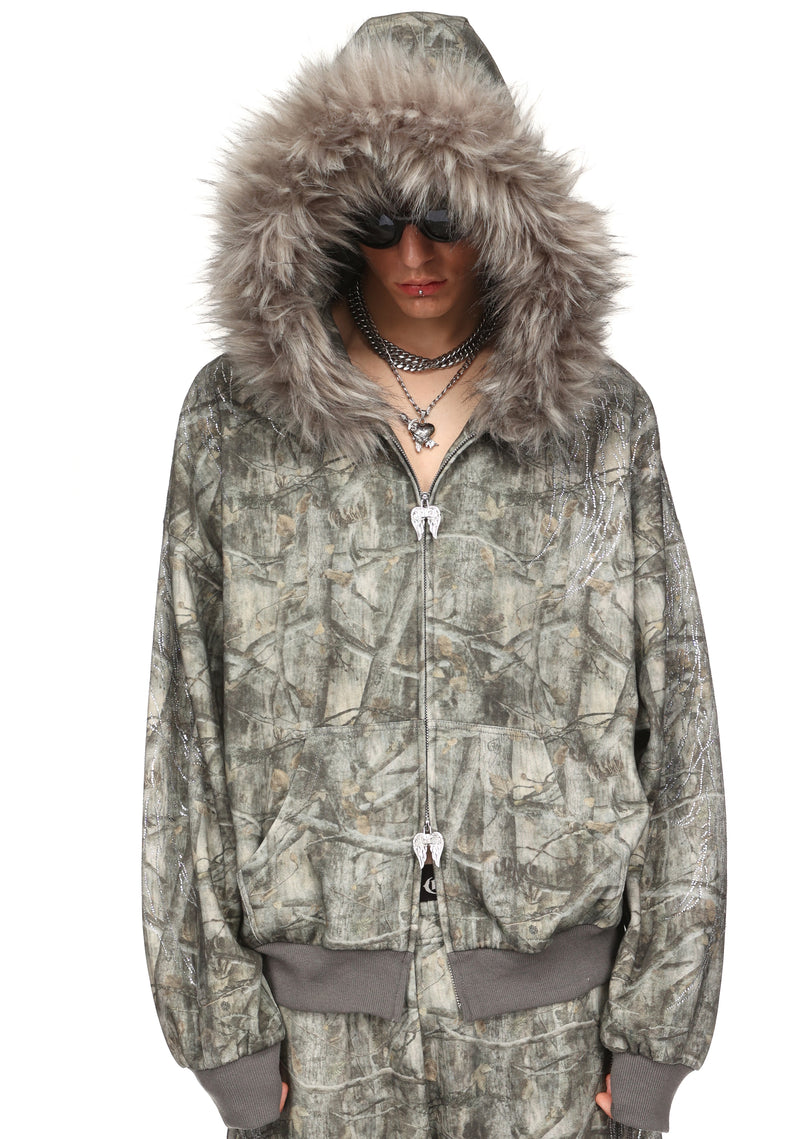 FALLEN FAUX FUR ZIP HOODIE TREE CAMO (DETACHABLE FUR)