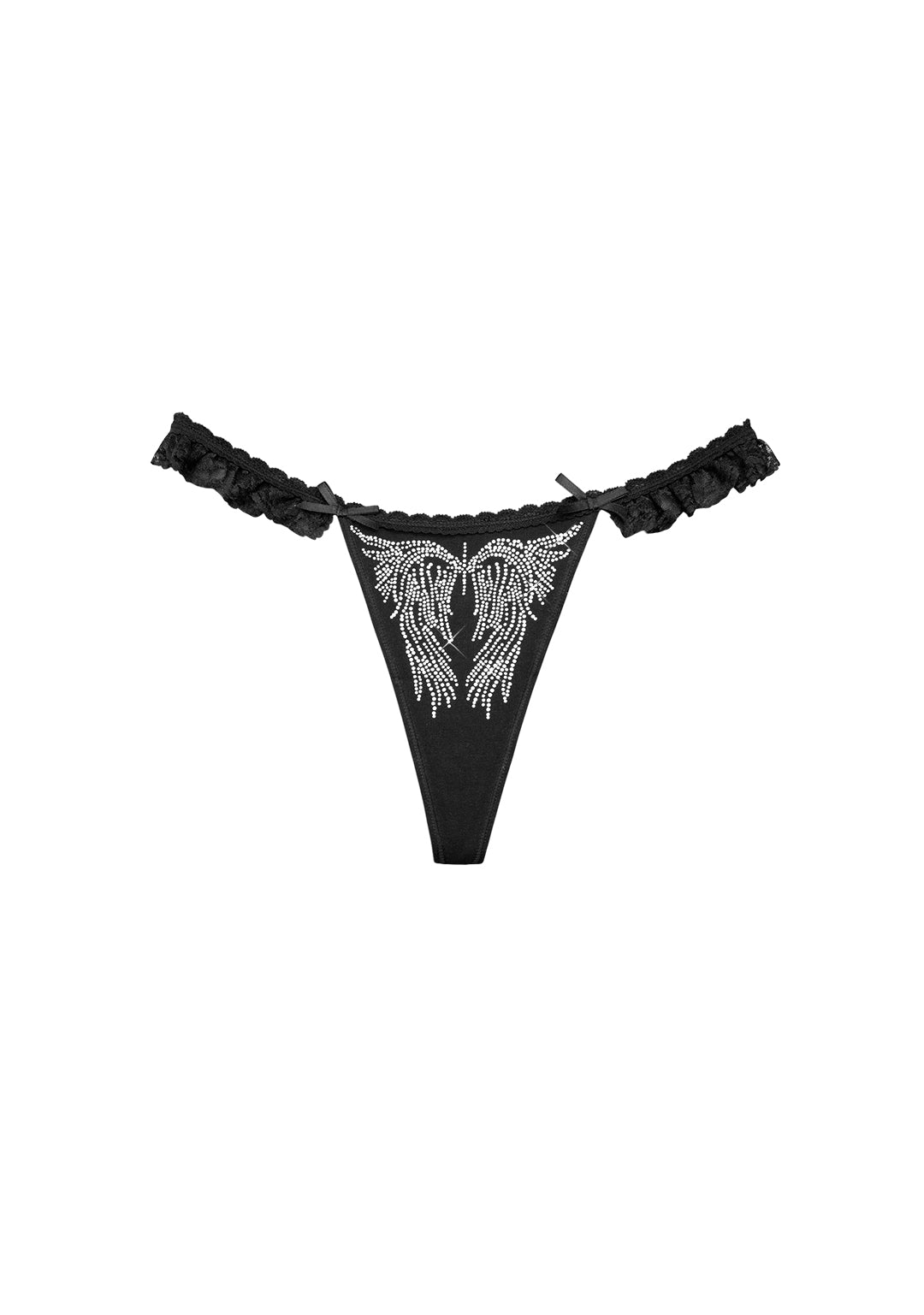 FALLEN RHINESTONE LACE RUFFLE THONG BLACK