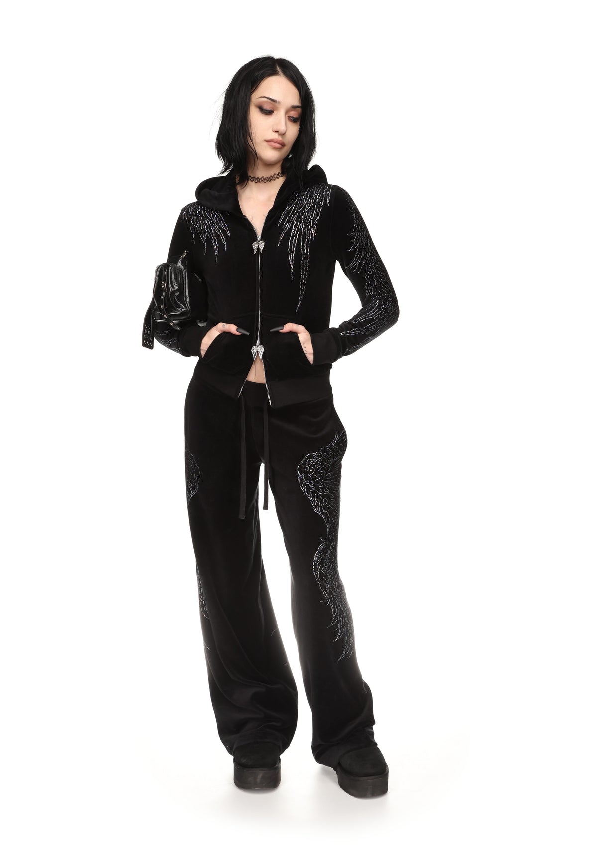 FALLEN RHINESTONE VELOUR ZIP HOODIE BLACK