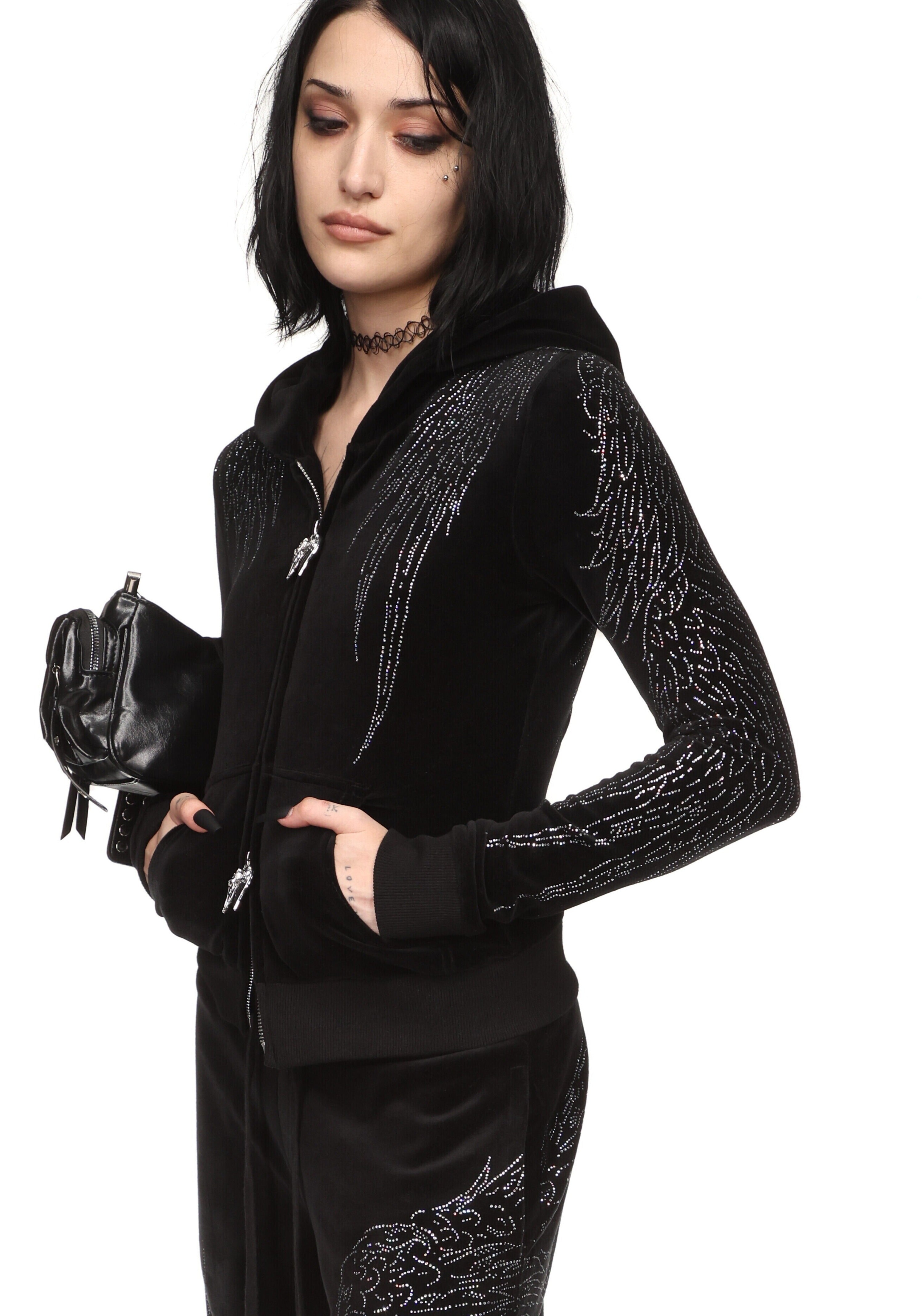 Fallen Rhinestone Velour Zip Hoodie Black – NAMED COLLECTIVE®