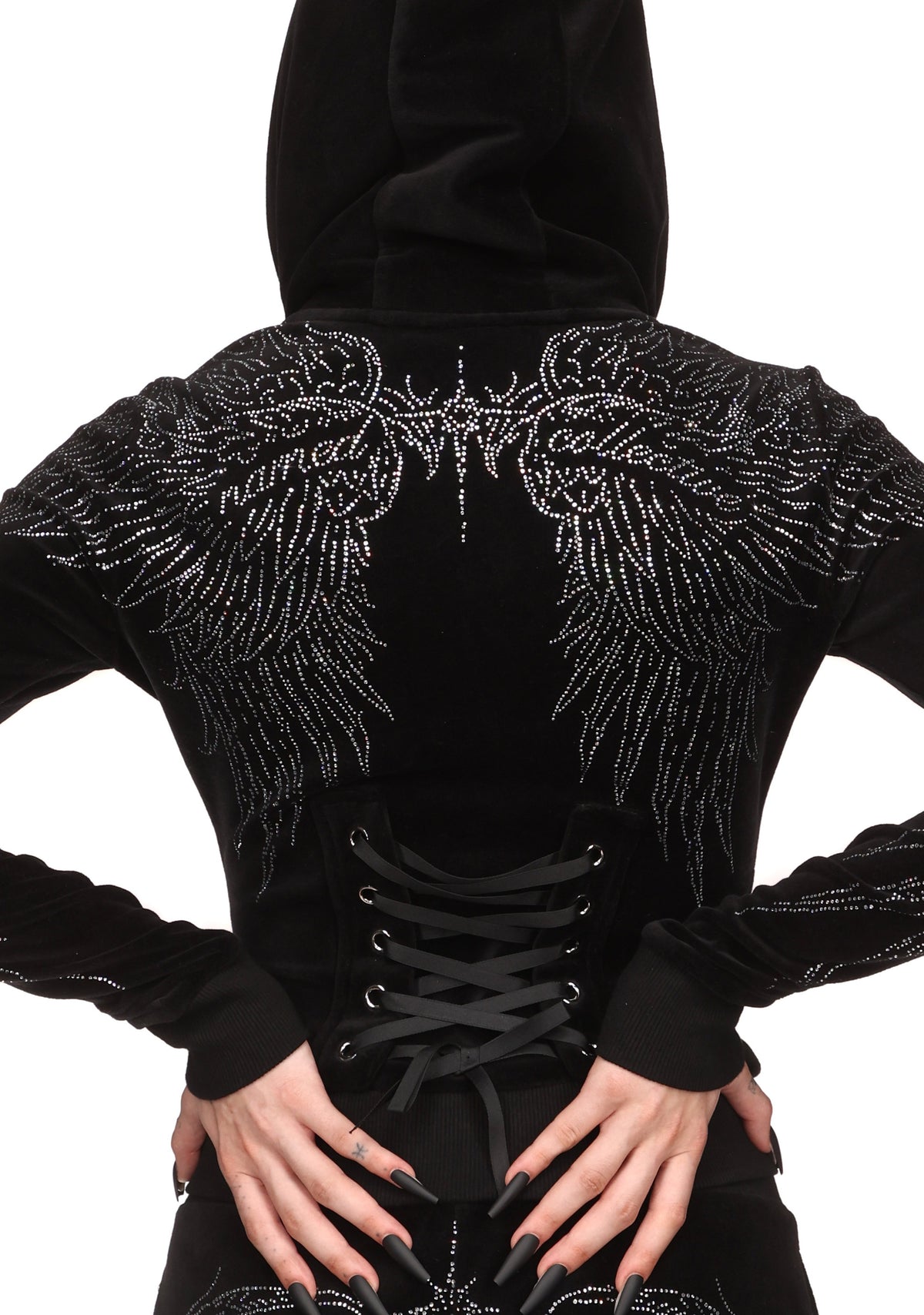 FALLEN RHINESTONE VELOUR ZIP HOODIE BLACK