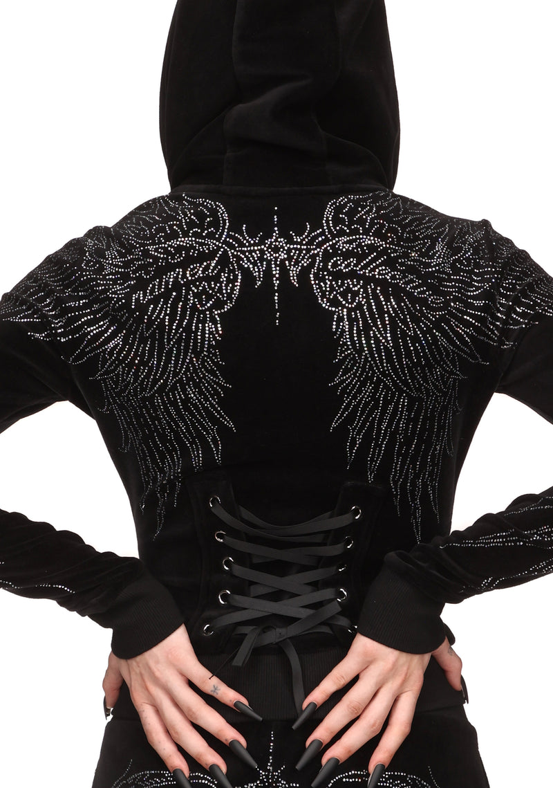 FALLEN RHINESTONE VELOUR ZIP HOODIE BLACK