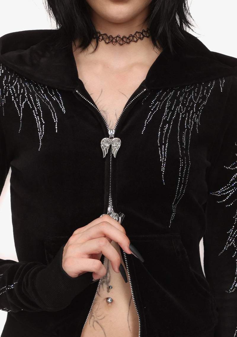 FALLEN RHINESTONE VELOUR ZIP HOODIE BLACK
