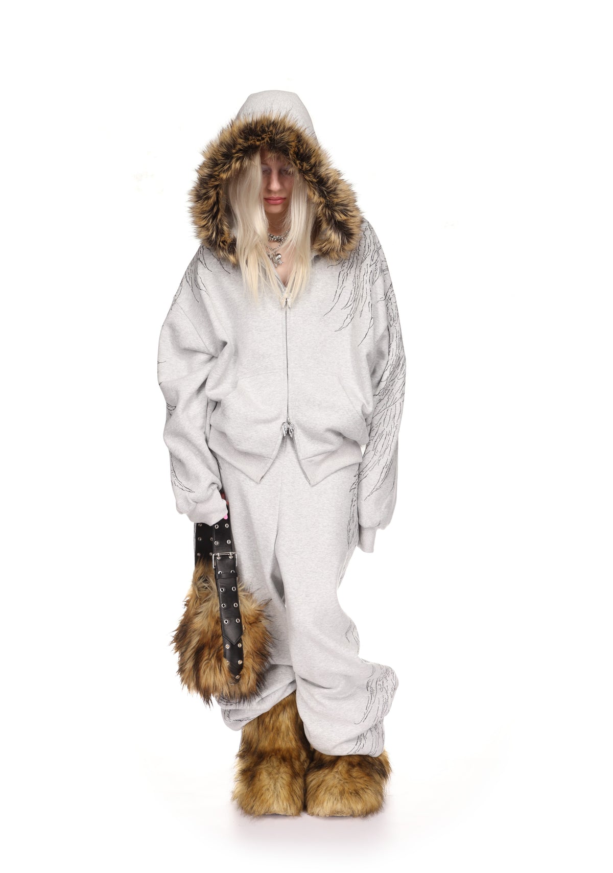 FALLEN STUDDED FAUX FUR ZIP HOODIE GREY MARL (DETACHABLE FUR)