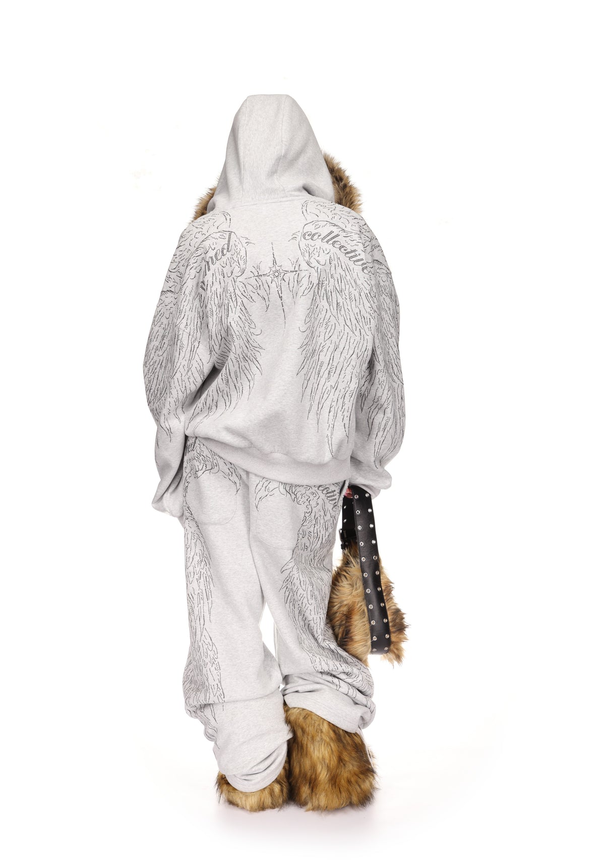 FALLEN STUDDED FAUX FUR ZIP HOODIE GREY MARL (DETACHABLE FUR)