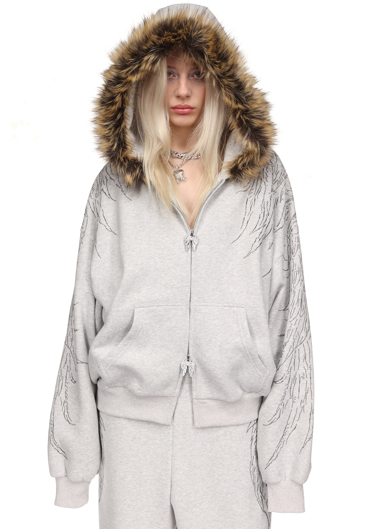FALLEN STUDDED FAUX FUR ZIP HOODIE GREY MARL (DETACHABLE FUR)