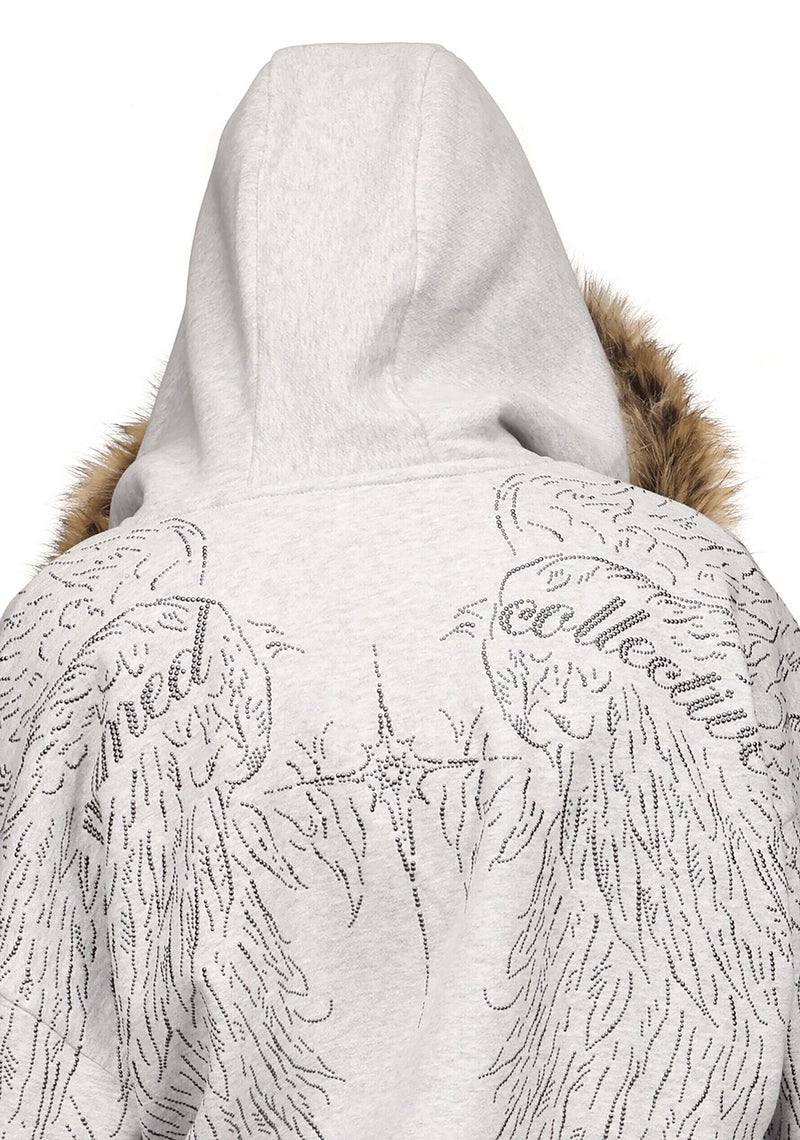 FALLEN STUDDED FAUX FUR ZIP HOODIE GREY MARL (DETACHABLE FUR)