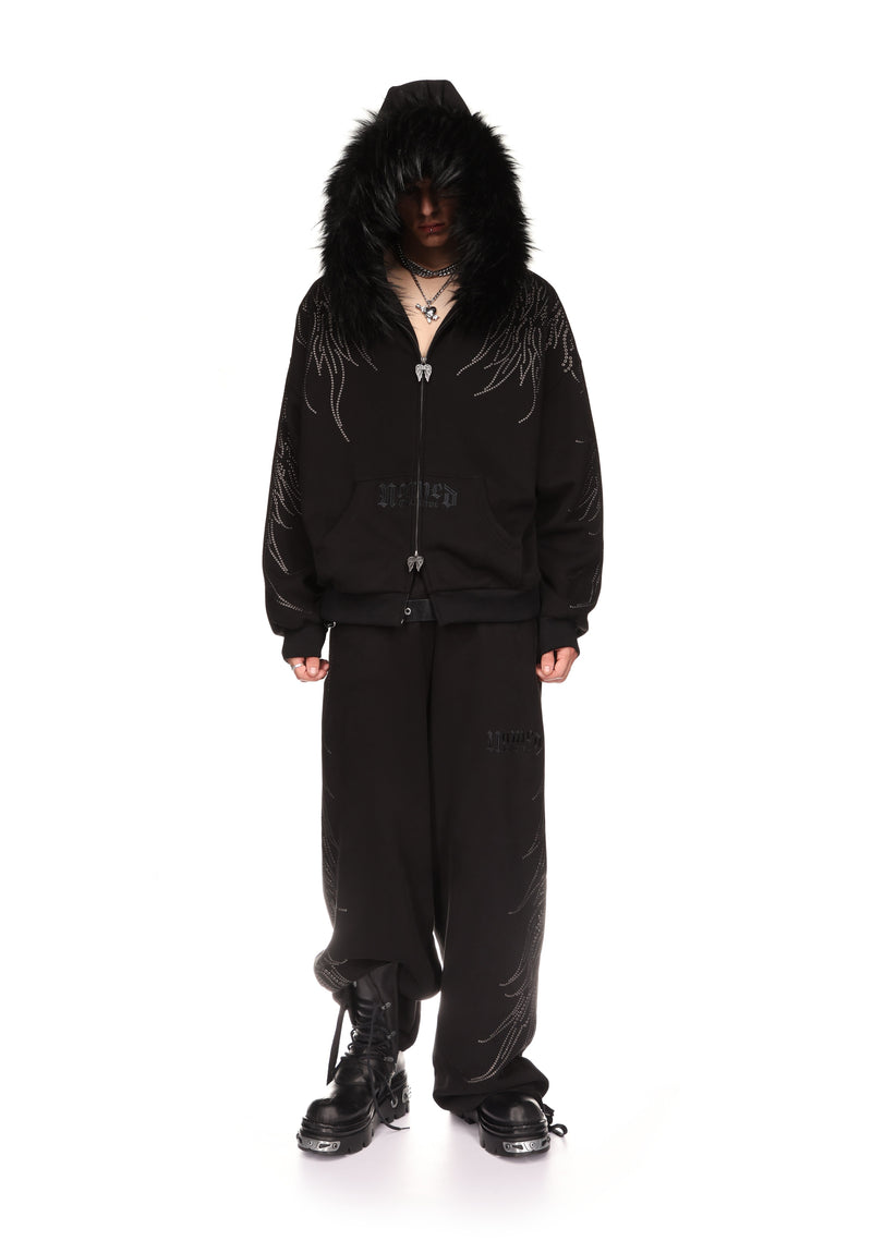 FALLEN STUDDED FAUX FUR ZIP HOODIE BLACK (DETACHABLE FUR)