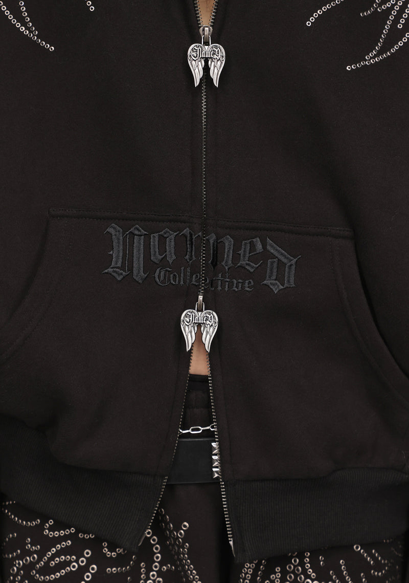 FALLEN STUDDED FAUX FUR ZIP HOODIE BLACK (DETACHABLE FUR)