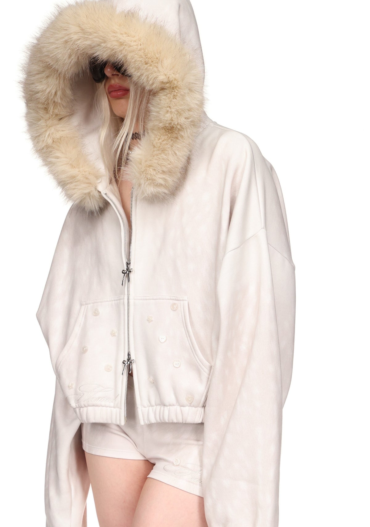 FAWN FAUX FUR CROP ZIP HOODIE OFF WHITE (DETACHABLE FUR)