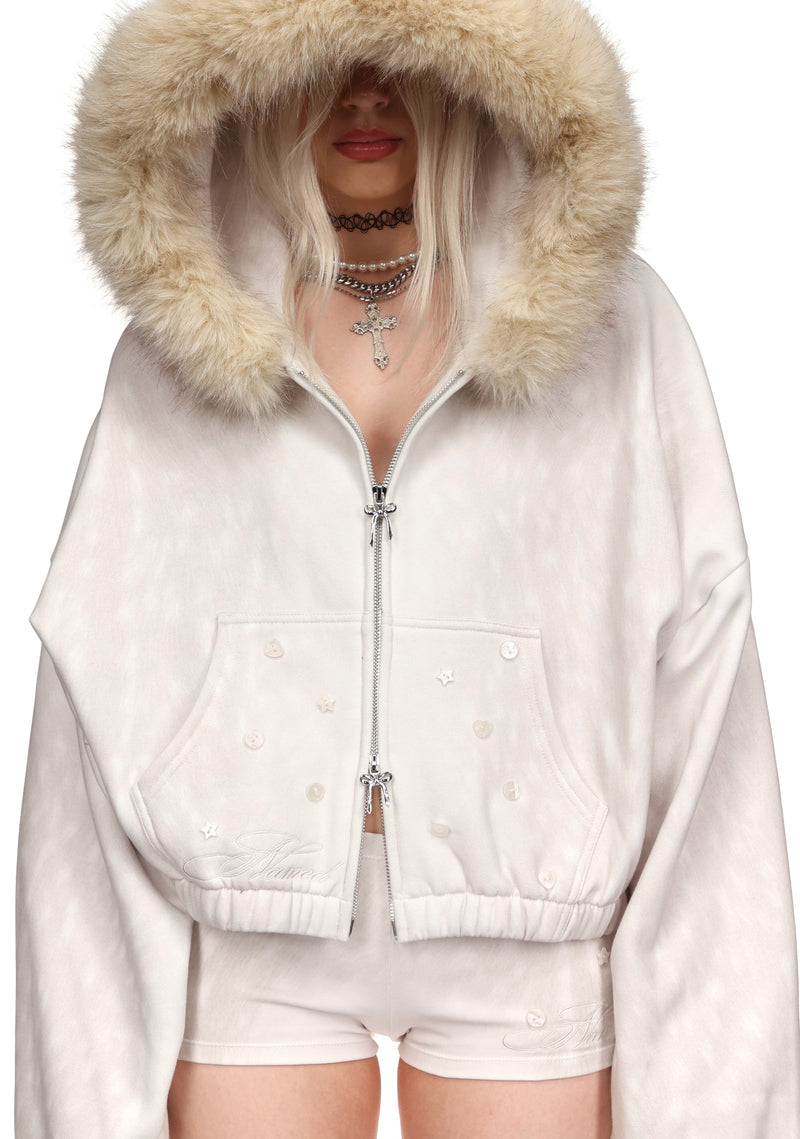 FAWN FAUX FUR CROP ZIP HOODIE OFF WHITE (DETACHABLE FUR)