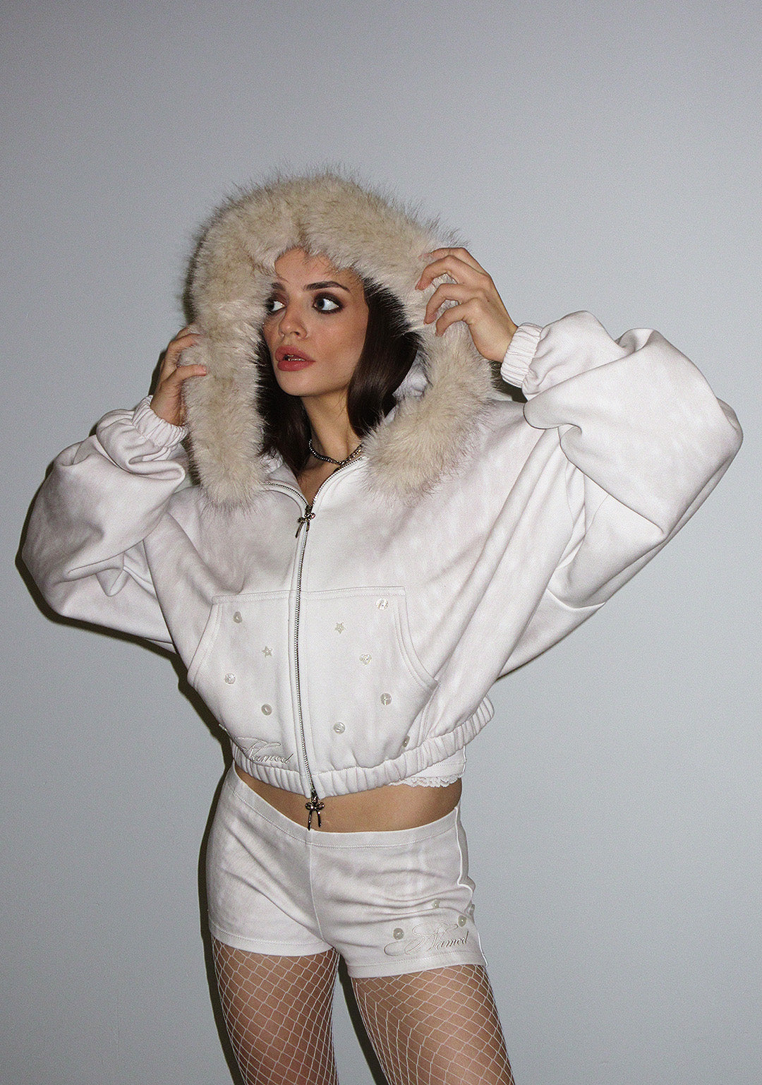 FAWN FAUX FUR CROP ZIP HOODIE OFF WHITE (DETACHABLE FUR)
