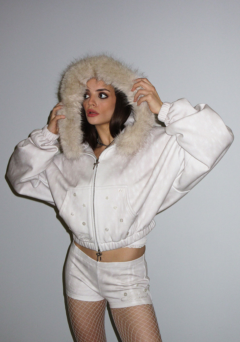 FAWN FAUX FUR CROP ZIP HOODIE OFF WHITE (DETACHABLE FUR)