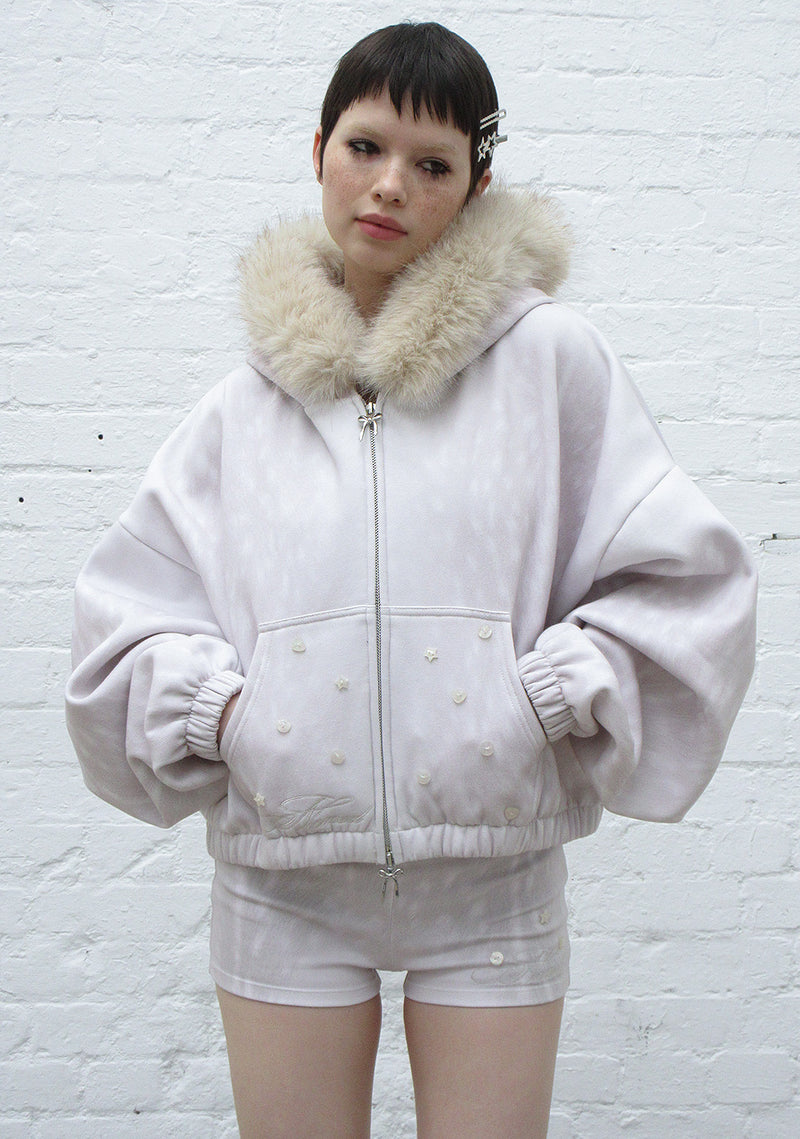 FAWN FAUX FUR CROP ZIP HOODIE OFF WHITE (DETACHABLE FUR)