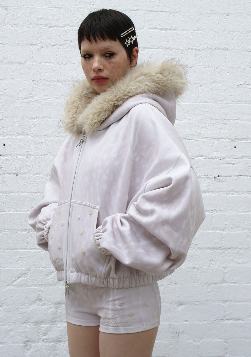 FAWN FAUX FUR CROP ZIP HOODIE OFF WHITE (DETACHABLE FUR)