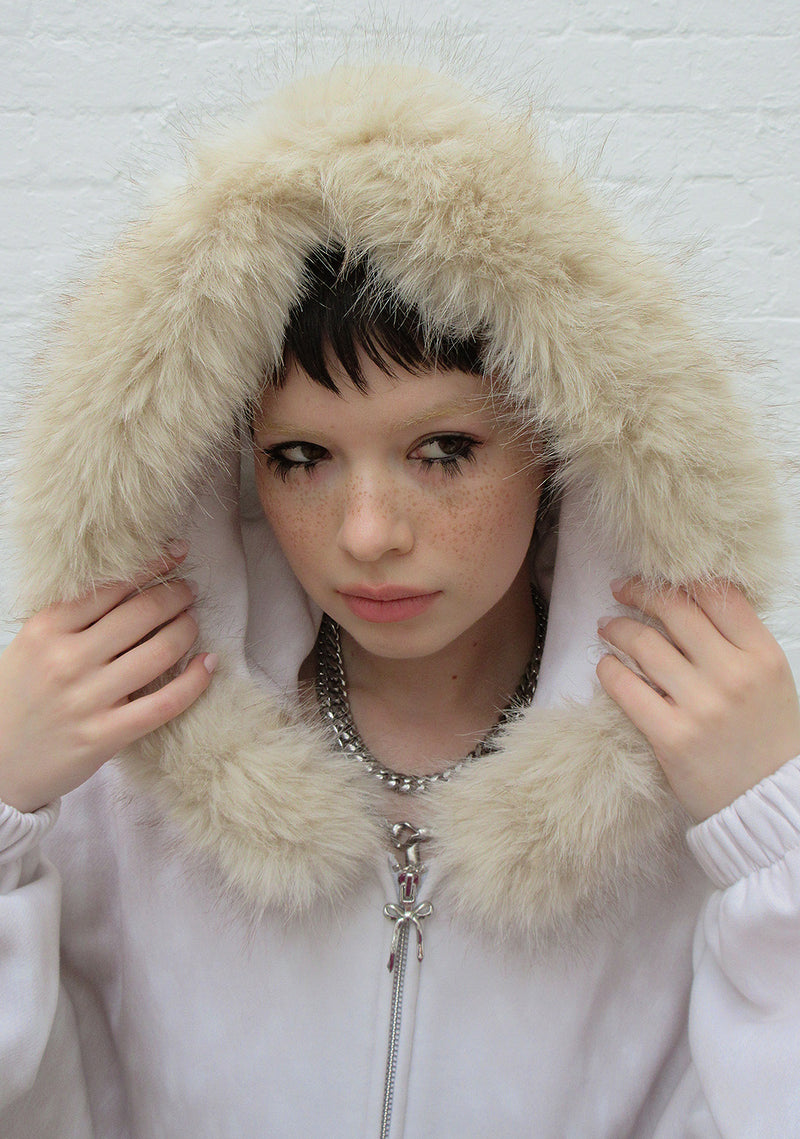 FAWN FAUX FUR CROP ZIP HOODIE OFF WHITE (DETACHABLE FUR)