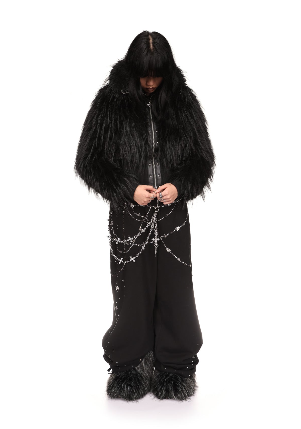 FORTUNE FAUX FUR LACE-UP FITTED JACKET BLACK