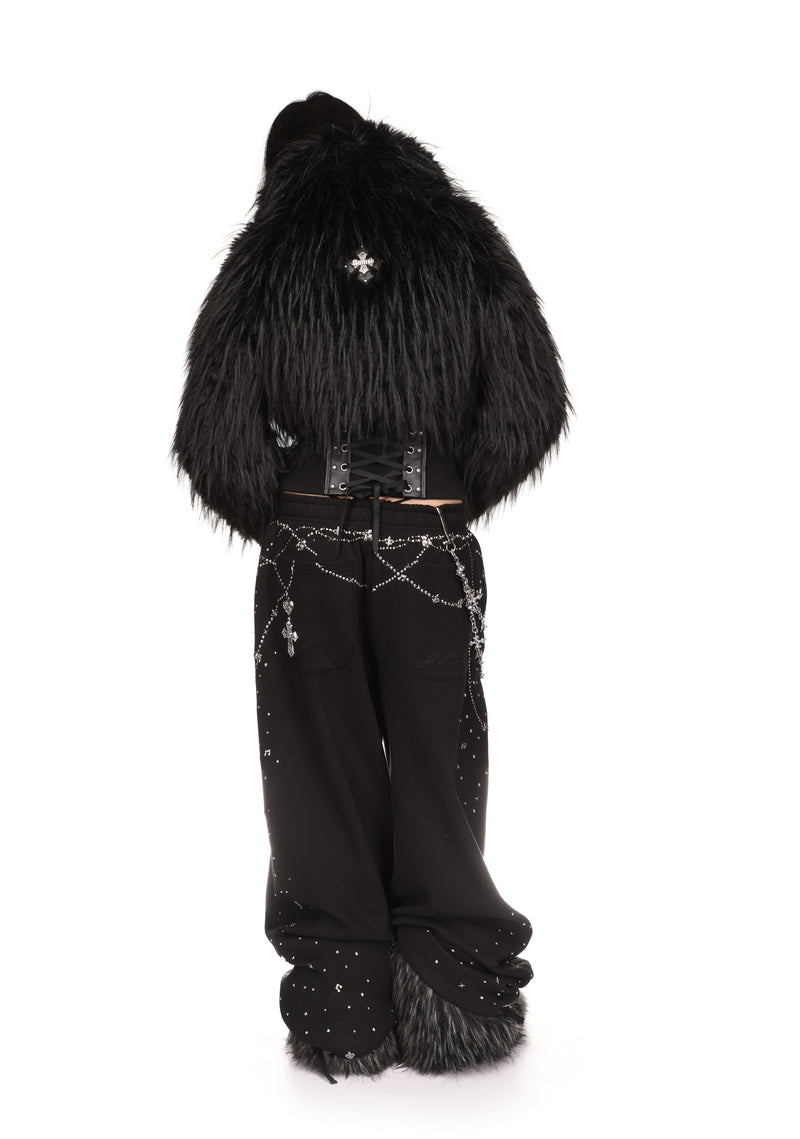 FORTUNE FAUX FUR LACE-UP FITTED JACKET BLACK