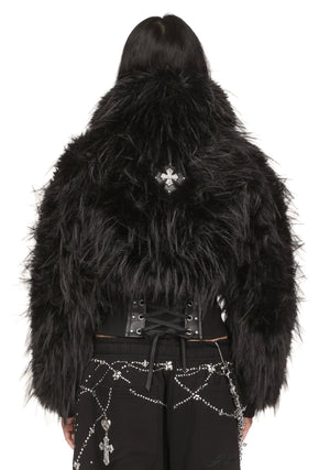 FORTUNE FAUX FUR LACE-UP FITTED JACKET BLACK
