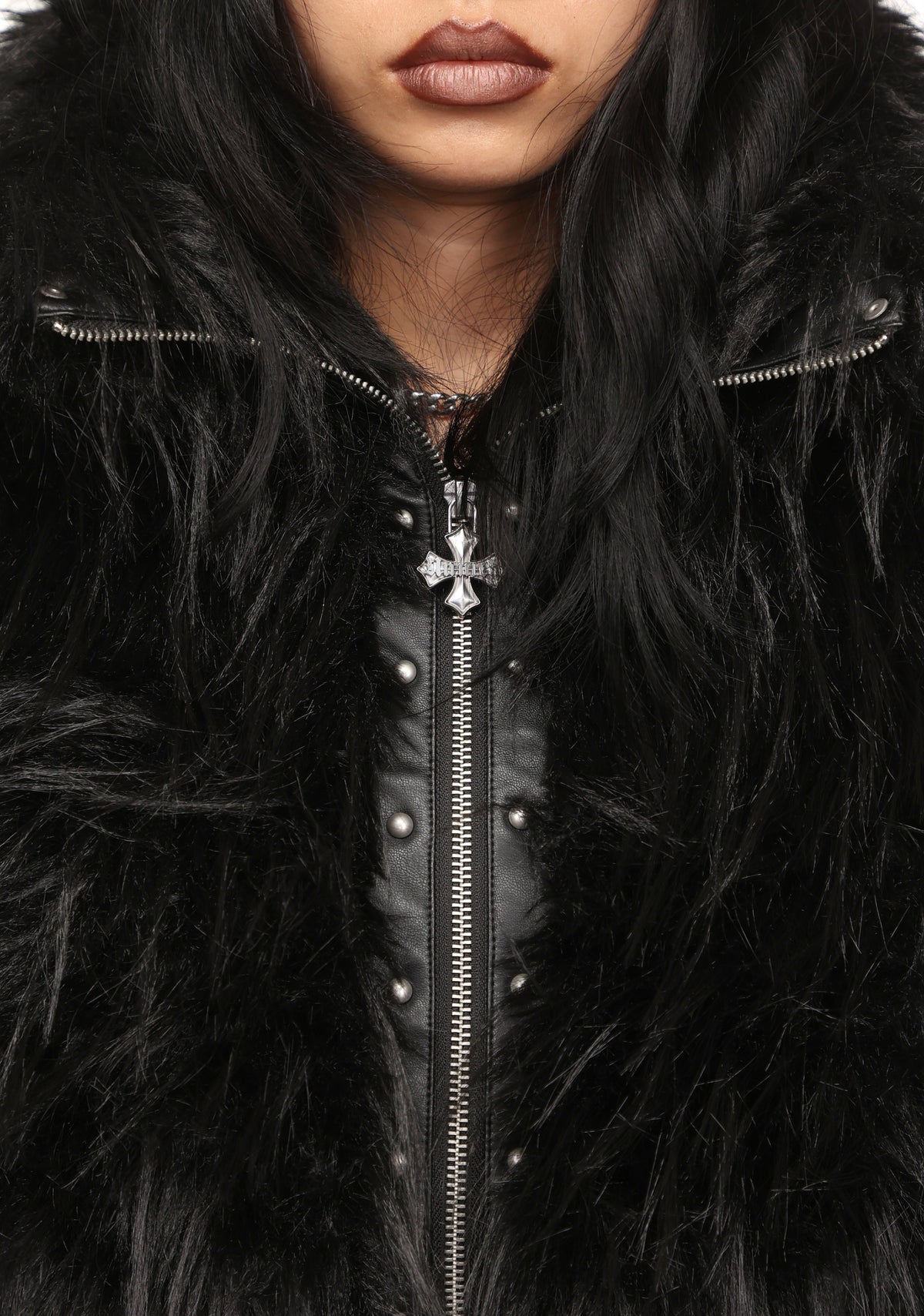 FORTUNE FAUX FUR LACE-UP FITTED JACKET BLACK