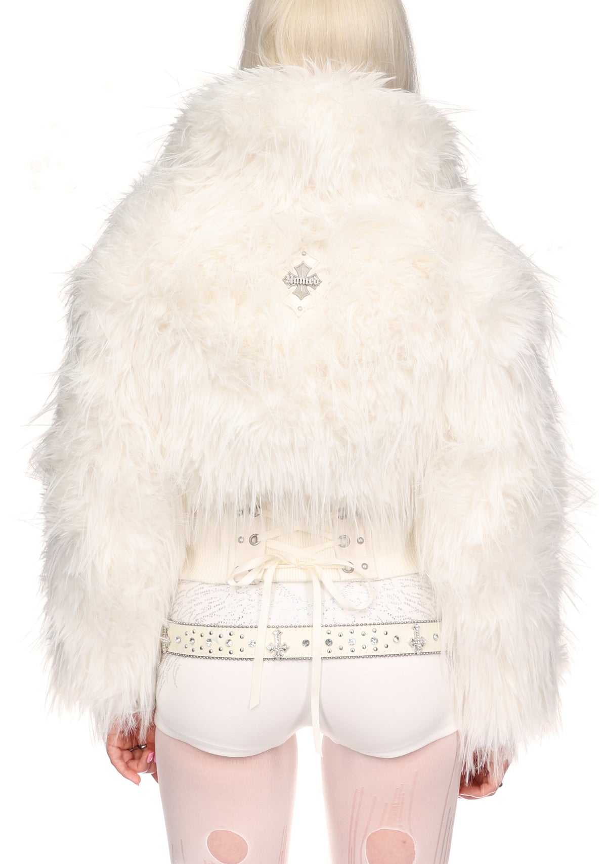FORTUNE FAUX FUR LACE-UP FITTED JACKET WHITE