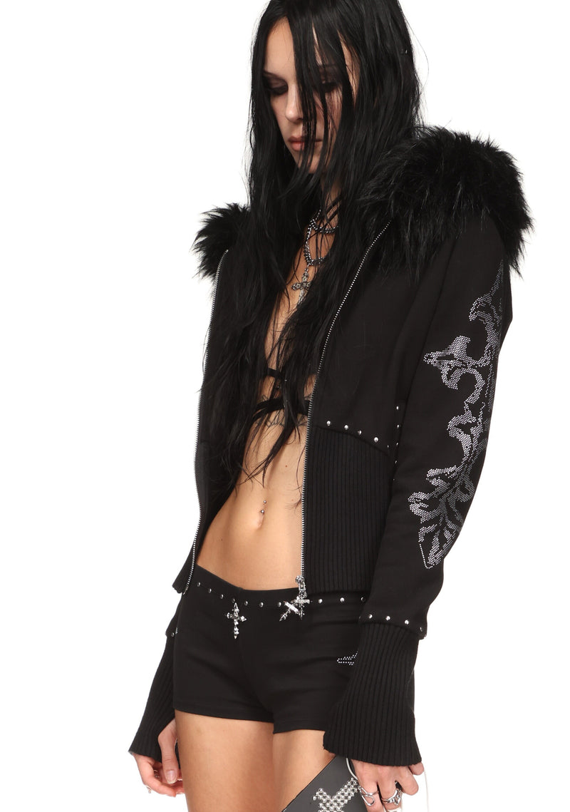 FERAL FAUX FUR FITTED ZIP HOODIE BLACK (DETACHABLE FUR)